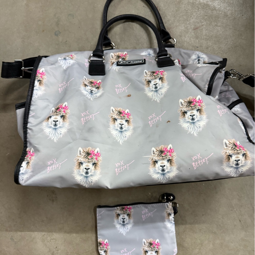 Betsy Johnson Stylish Gray Overnight Bag with Llama Print